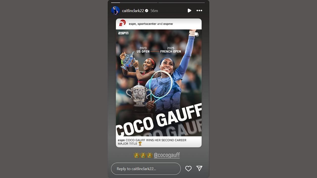 Caitlin Clark hypes up Gauff on her IG story. (Credits: caitlinclark22/Instagram)